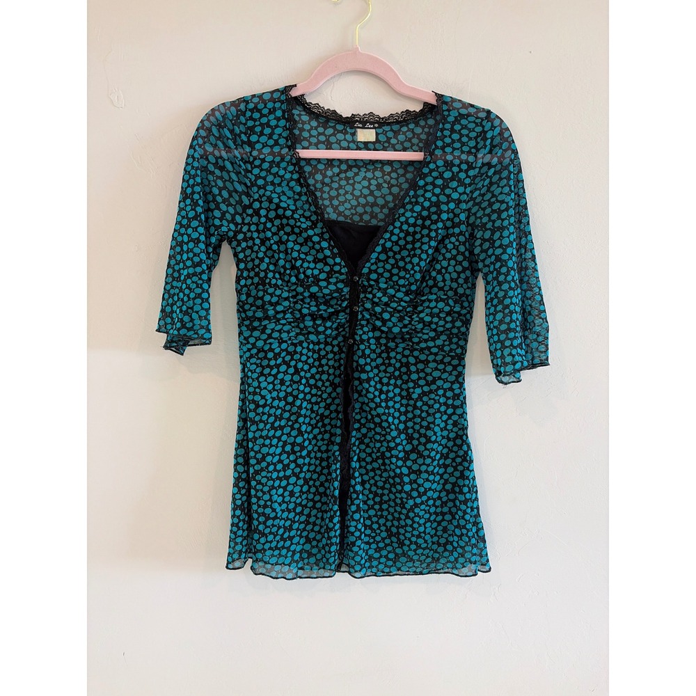 Lia Lee Womens Teal Black Polka Dot Mesh Lace Trim V-Neck 3/4 Sleeve Top Small